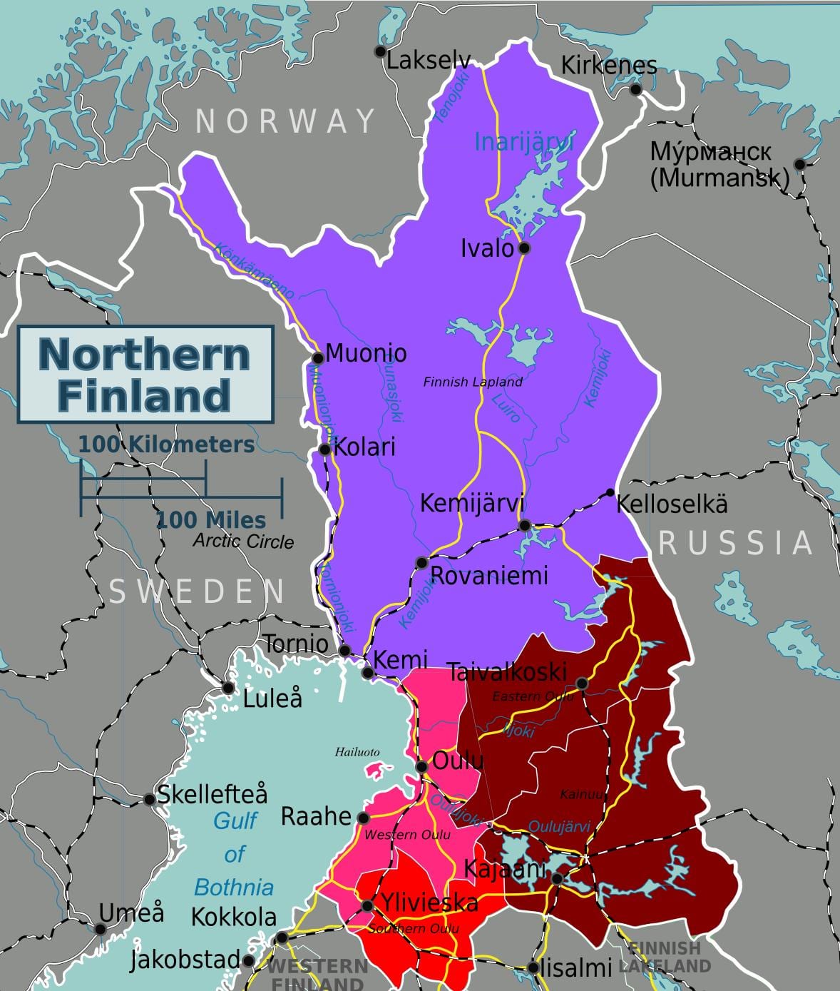 Kort over det nordlige Finland