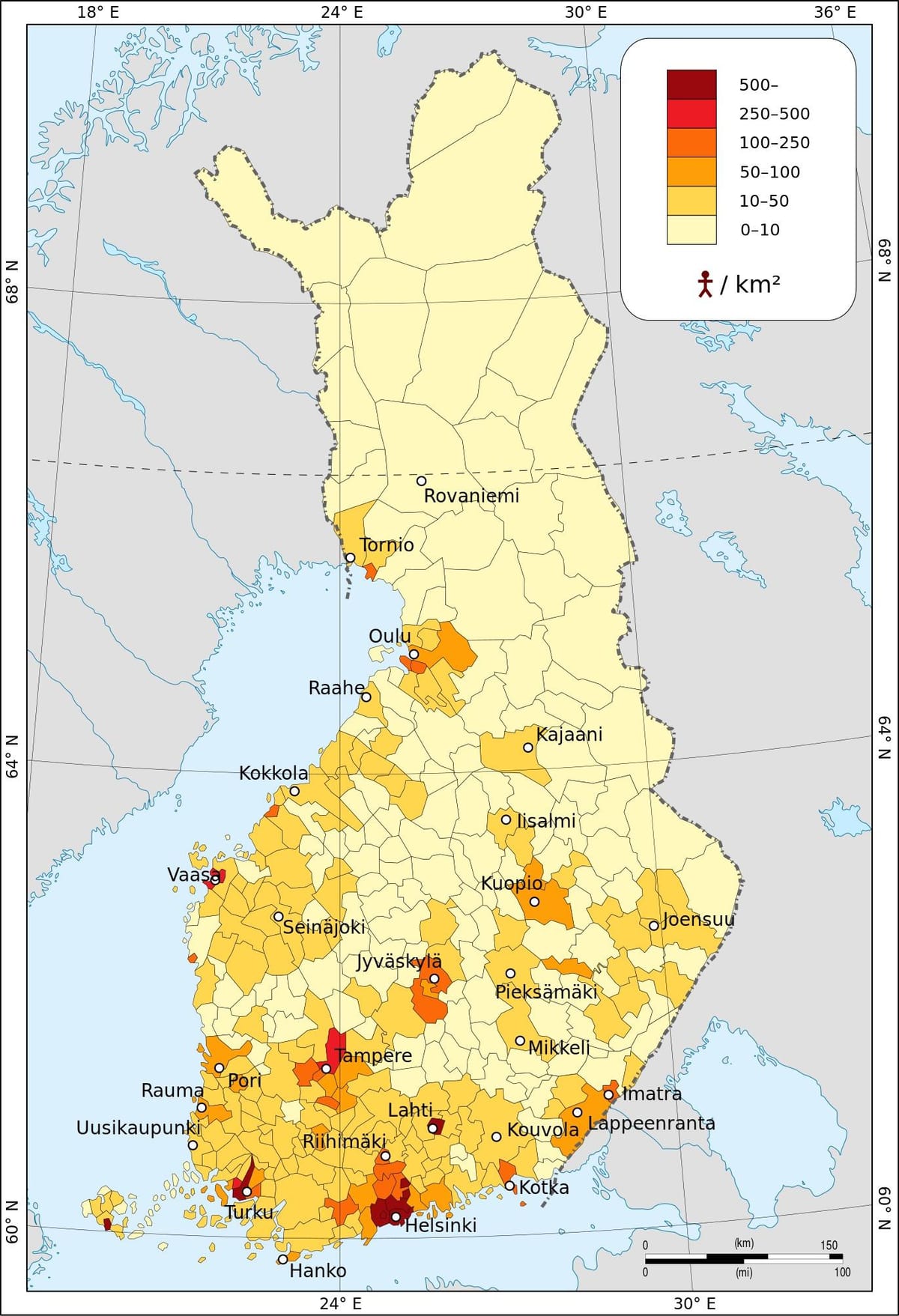 Finland befolkningstæthed kort