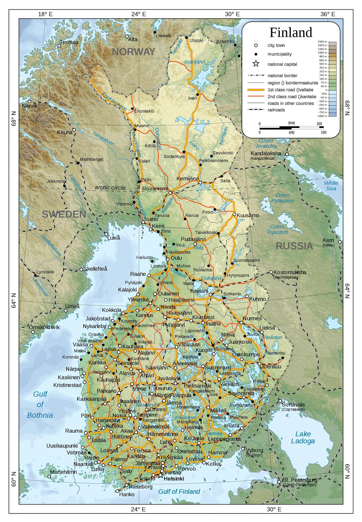 Kort over den fysiske Finland